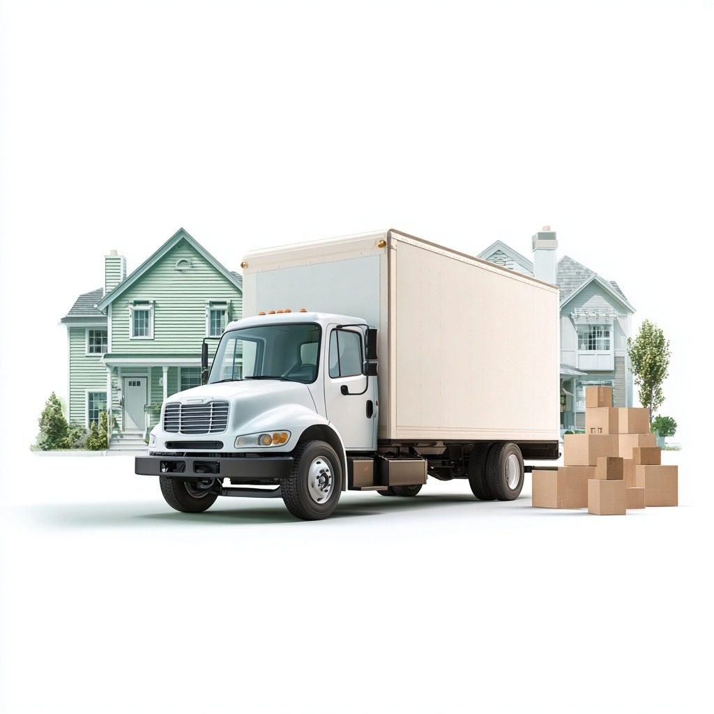Rented moving truck parked in front of houses